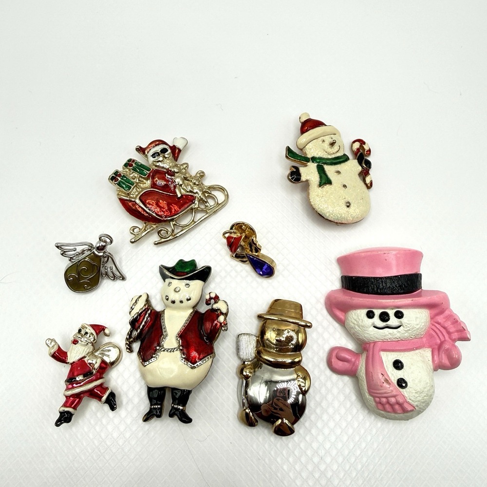 Vintage Christmas Brooches Lot of 8 Snowman Angel Santa AVON DON LIN